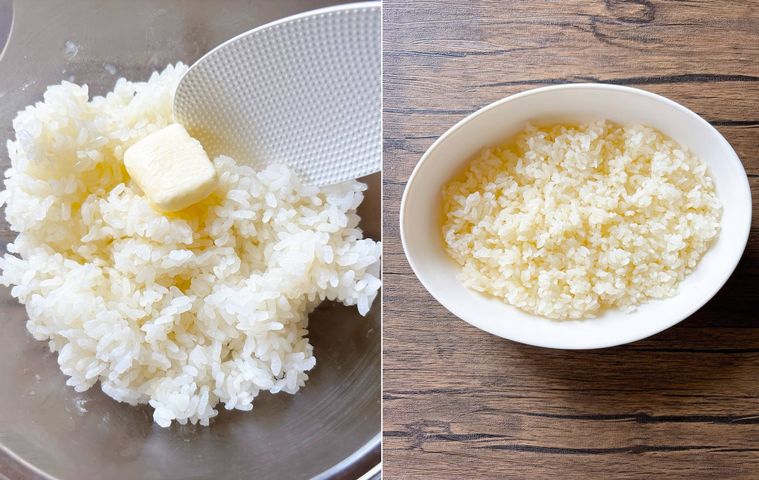 ごはんにバターを混ぜ、耐熱皿に入れた様子