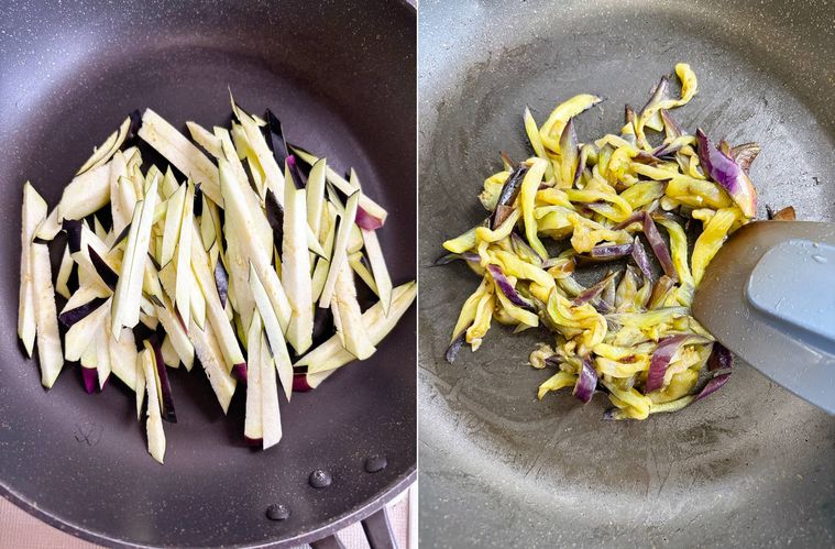 細切りなすをフライパンで炒める様子