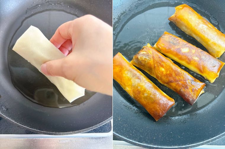 春巻きを揚げ焼きする様子