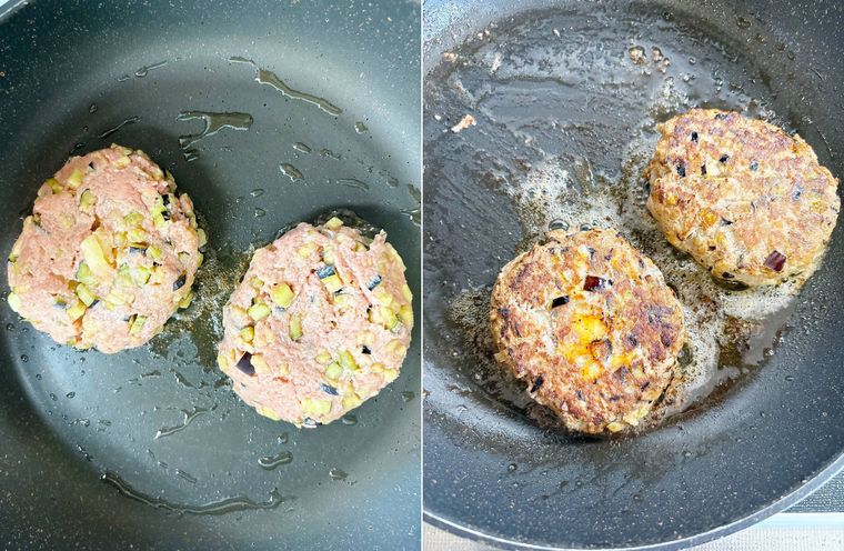 ハンバーグをフライパンで焼く様子