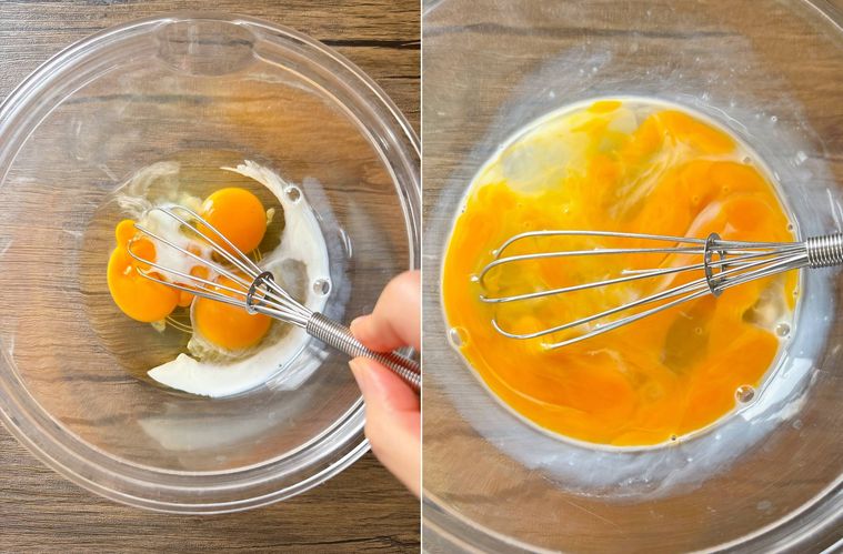 ボウルで卵と牛乳と塩を混ぜる様子