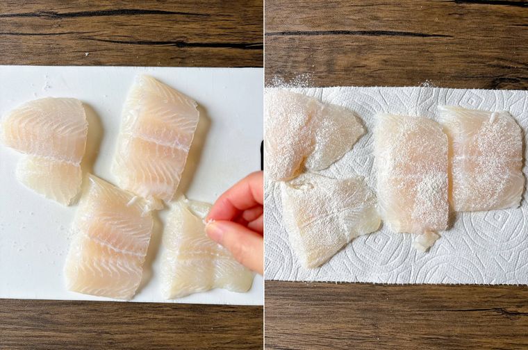 カットしたパンガシウスに塩こしょう、小麦粉をふる様子