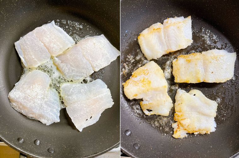 バターでパンガシウスを焼く様子