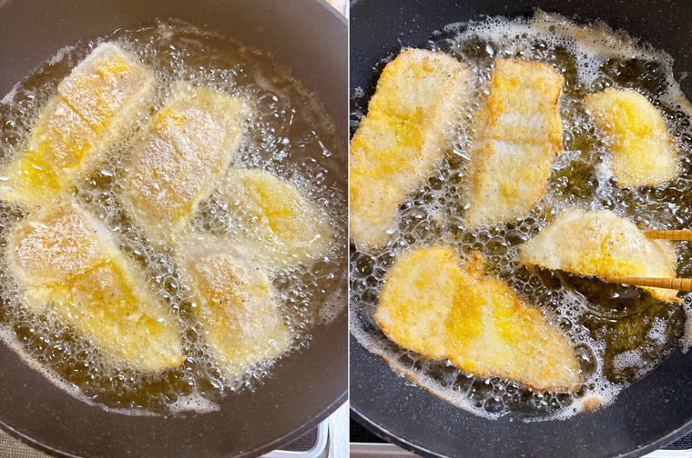 パンガシウスのフライを油で揚げる様子