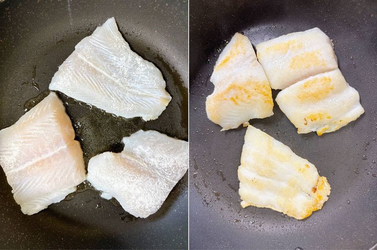パンガシウスをフライパンで焼く様子