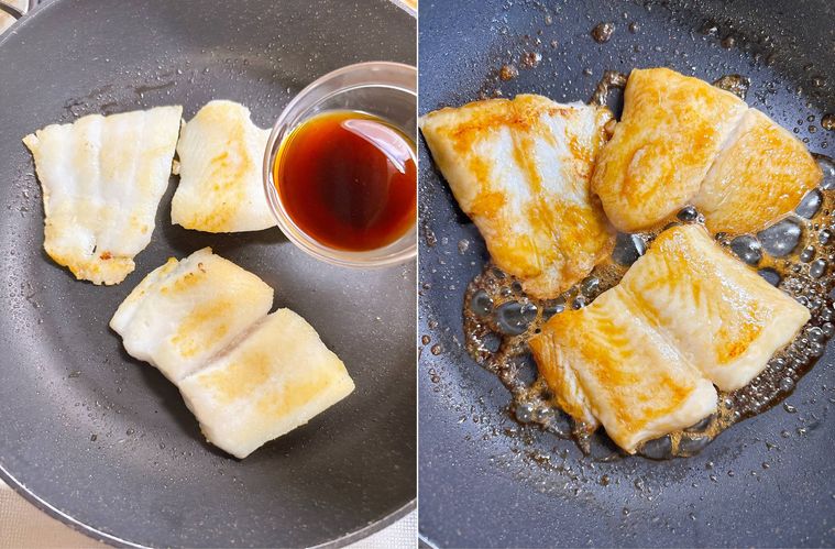 パンガシウスに調味料を絡める様子