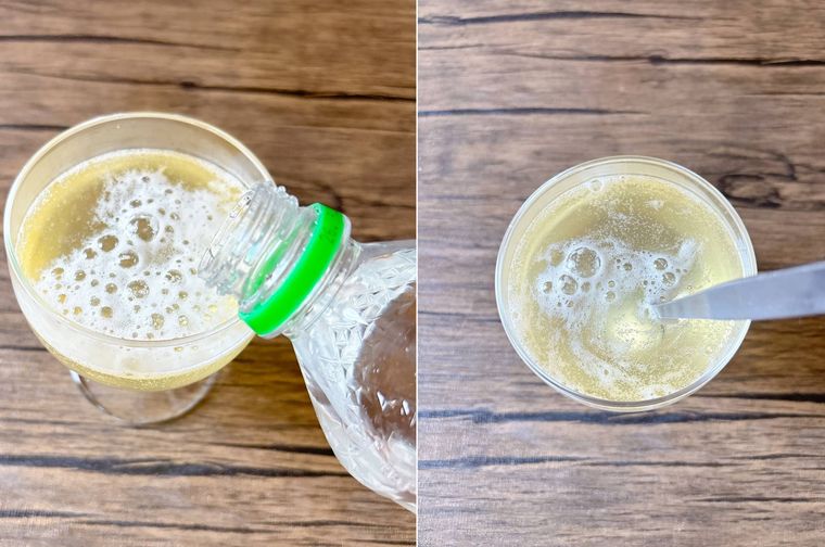 グラスに炭酸水を加えて混ぜる様子