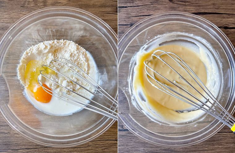 ボウルでホットケーキミックスと卵、牛乳を混ぜる様子