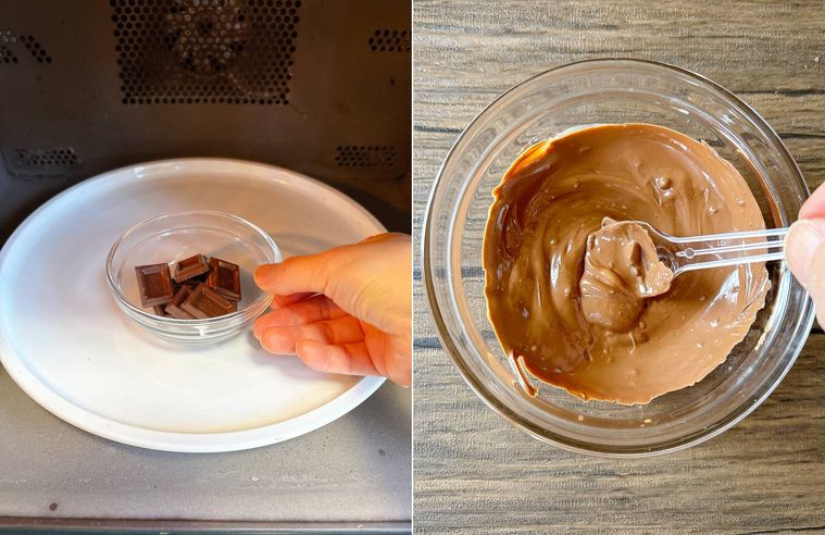 耐熱皿に入れたチョコレートを電子レンジで溶かす様子