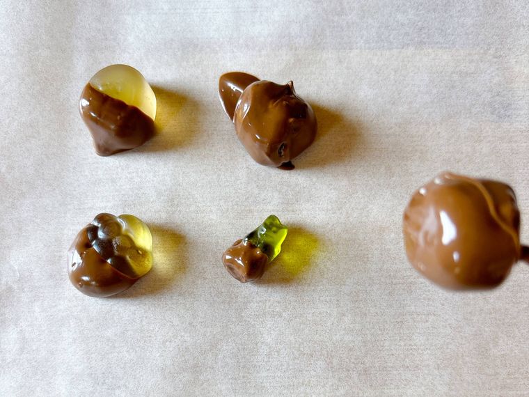 クッキングシートに並べたチョコをかけたグミ
