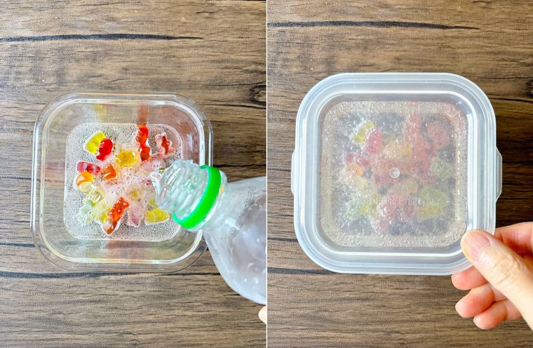 保存容器に入ったグミと炭酸水