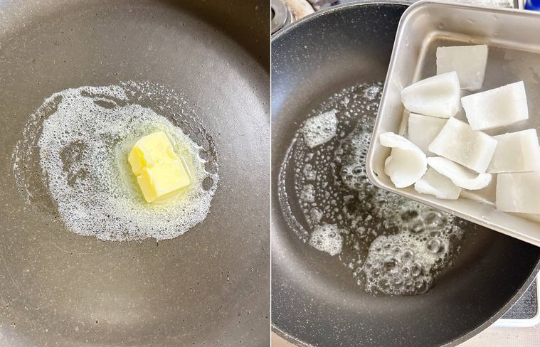 フライパンにイカを入れる様子