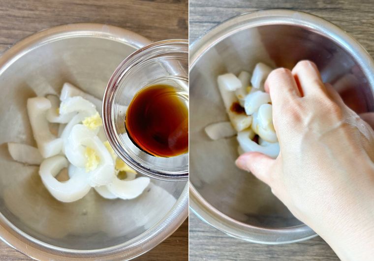 イカにしょうゆ、にんにくを揉み込む様子