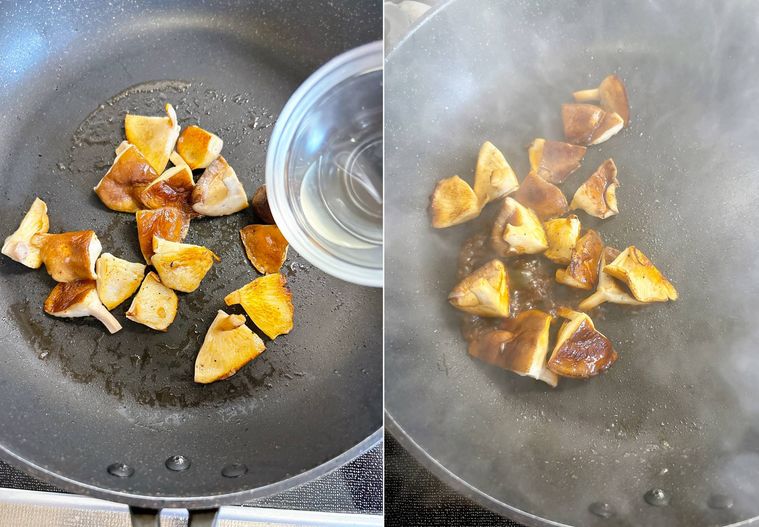 しいたけに味付けする様子