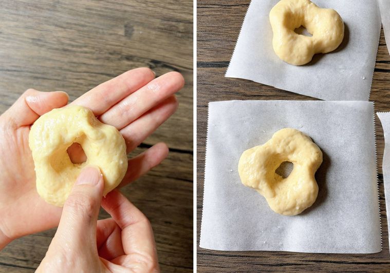 生地の3箇所を指でつまむ様子、クッキングシートに生地をおいたもの