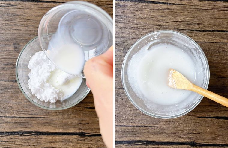 粉糖に牛乳を混ぜる様子