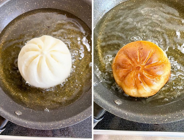 肉まんを揚げる様子