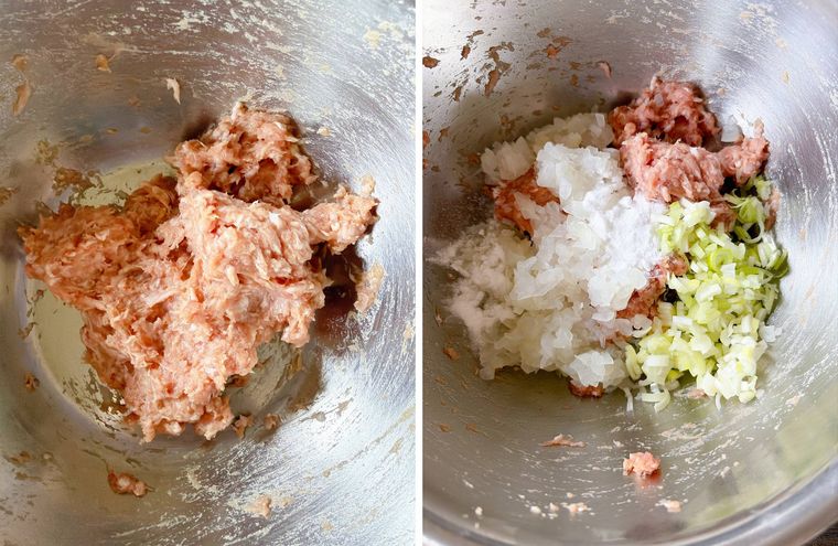 肉だねを混ぜる様子