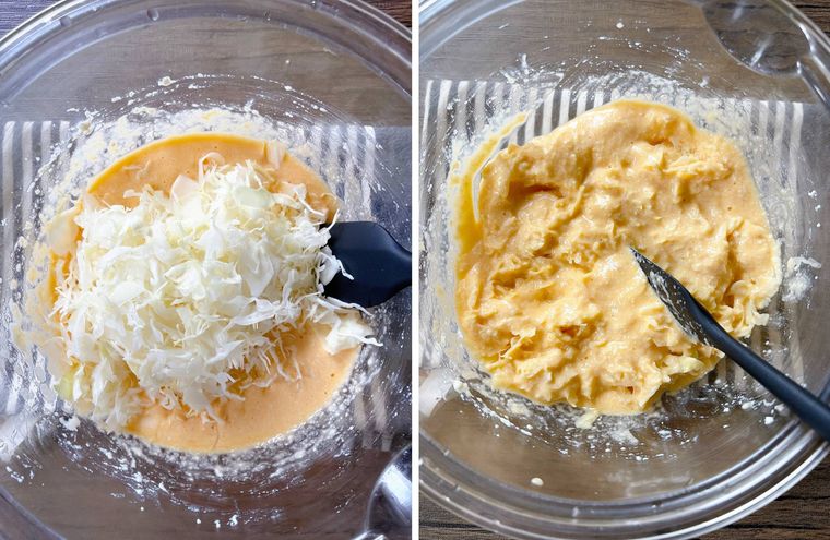 キャベツを加えて混ぜる様子