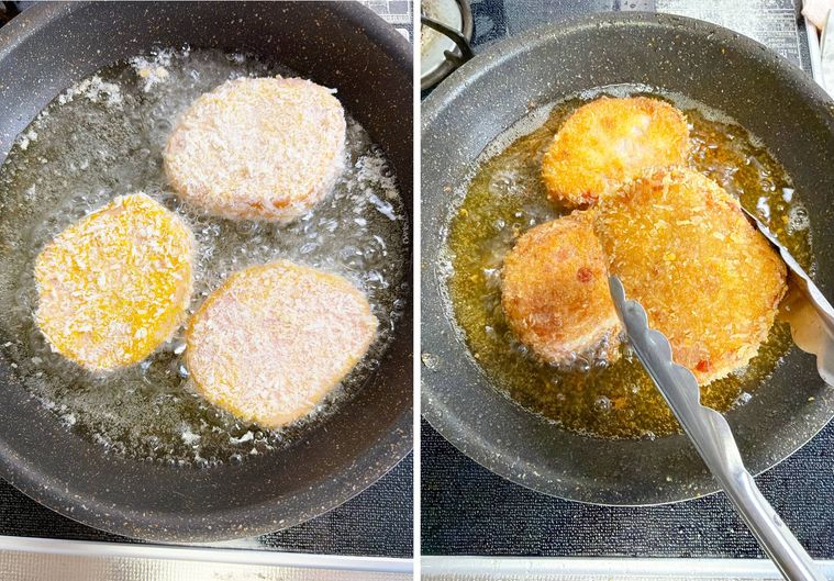 厚切りハムを揚げる様子