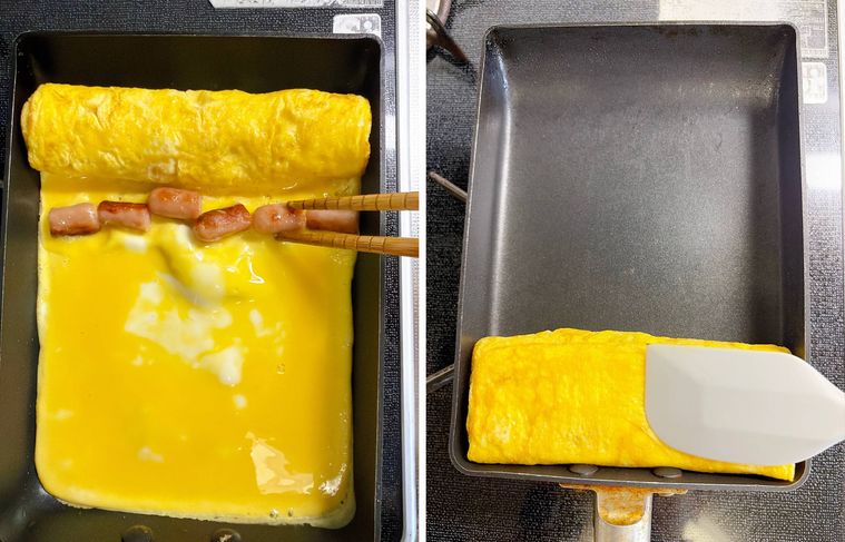 卵を焼きポークビッツを巻く様子