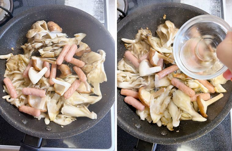 ポークビッツを加えて酒を入れる様子