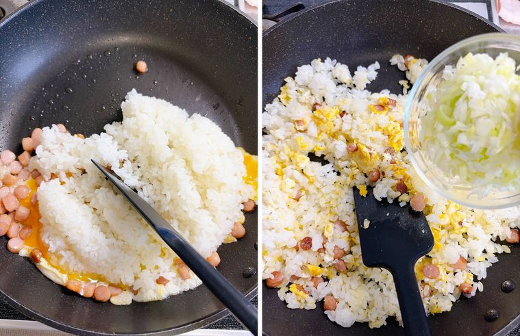 ごはん、長ねぎを加えて炒める様子
