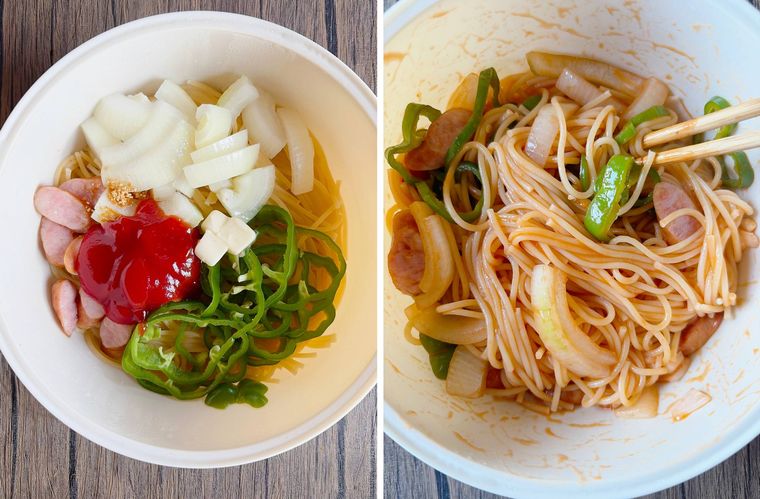 ケチャップやバターを加えて混ぜる様子