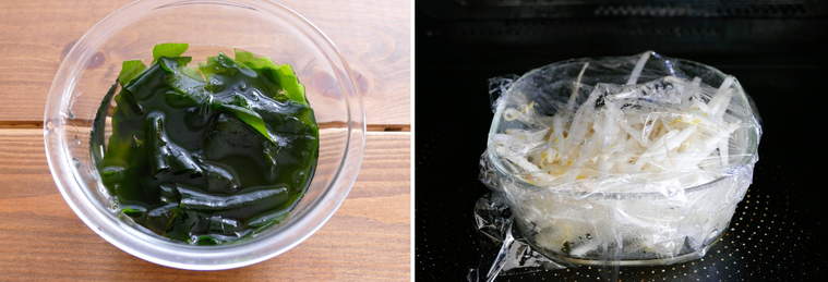 乾燥わかめを水で戻しもやしを電子レンジで加熱する様子
