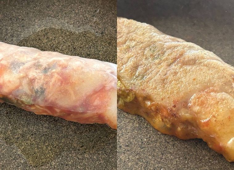 フライパンで巻いたライスペーパーを焼いているところ