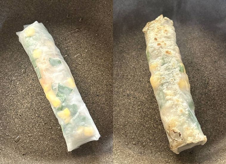 巻いたライスペーパーをフライパンで焼いているところ