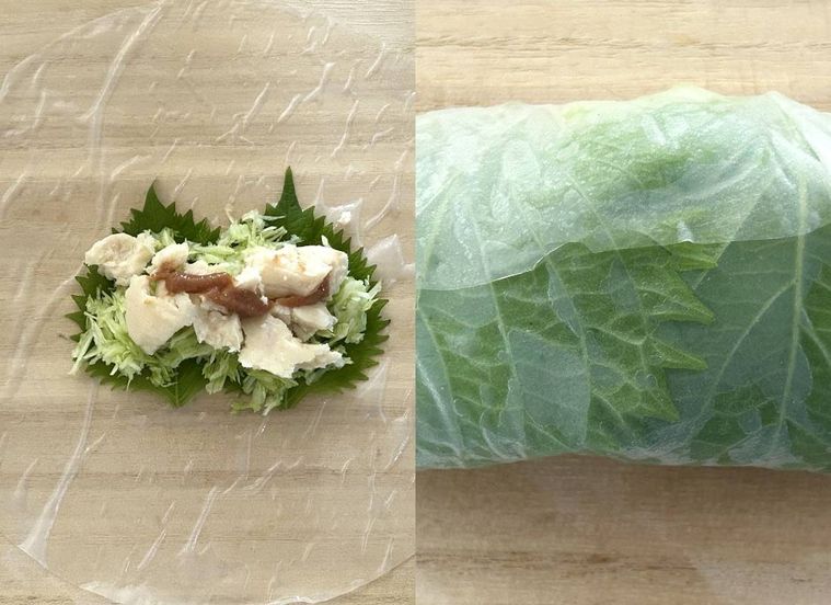 ライスペーパーで大葉と具材を乗せて四角く包んでいるところ