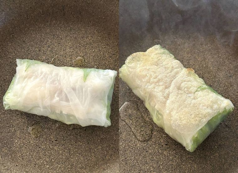 四角く包んだライスペーパーをフライパンで焼いているところ