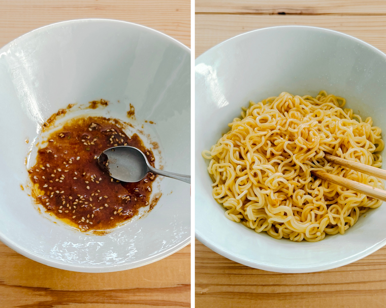丼で調味料を合わせている画像と、ゆでた麺に調味料を絡めている画像