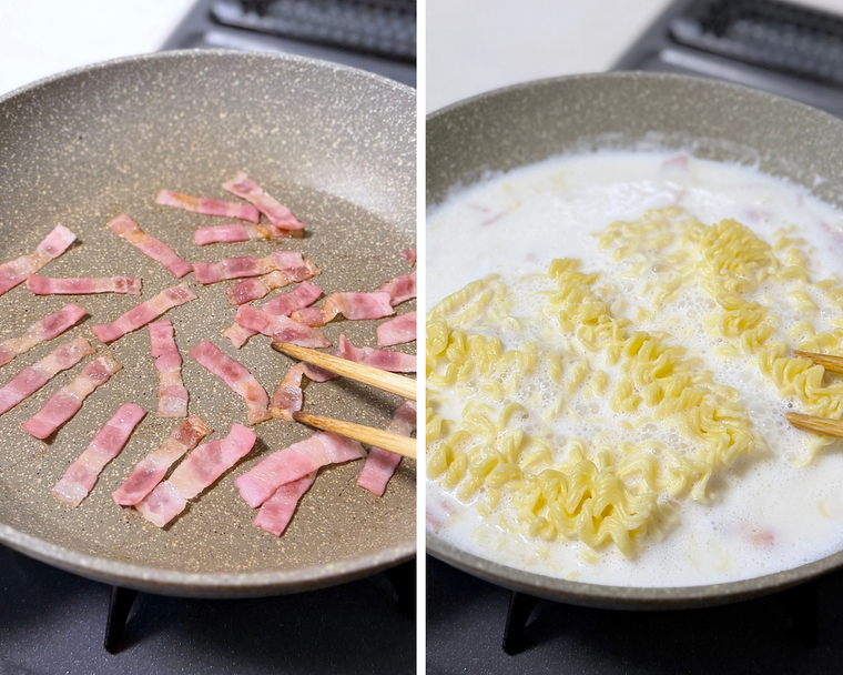 ベーコンを炒めている画像と、牛乳で麺を煮ている画像