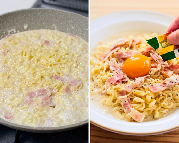 牛乳で麺を似ている画像と、カルボナーラ風にアレンジした出前一丁